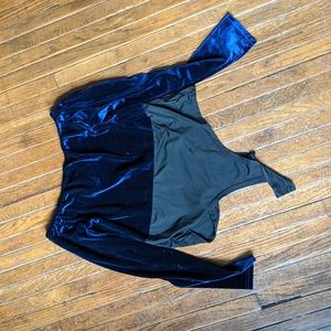 blue velvet and black spandex body suit